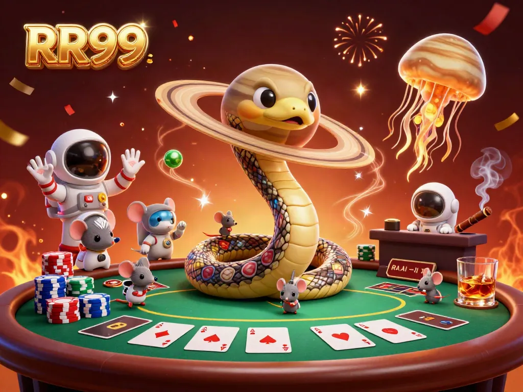 Engaging RR99 illustration showcasing a cosmic roulette scene with astronaut mice betting.