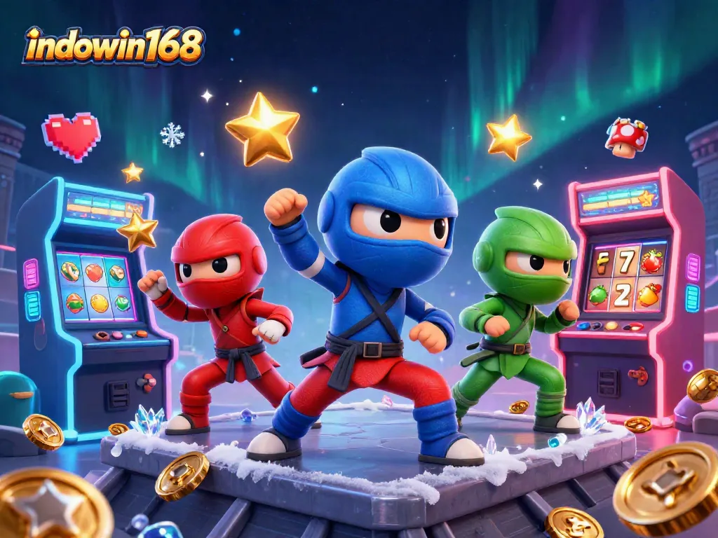 Join the excitement with indowin168 as colorful chameleon ninjas battle in a vibrant casino arcade.