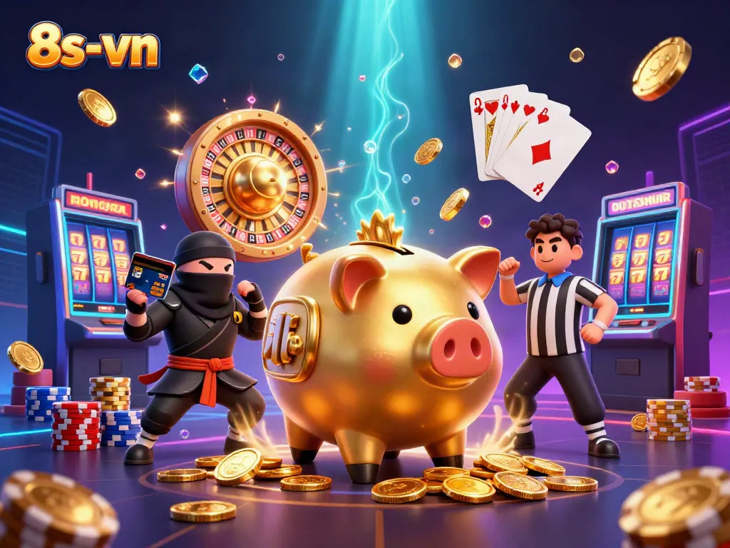 Experience the excitement of 8s-vn with dynamic gaming imagery featuring a golden piggy bank wrestler.