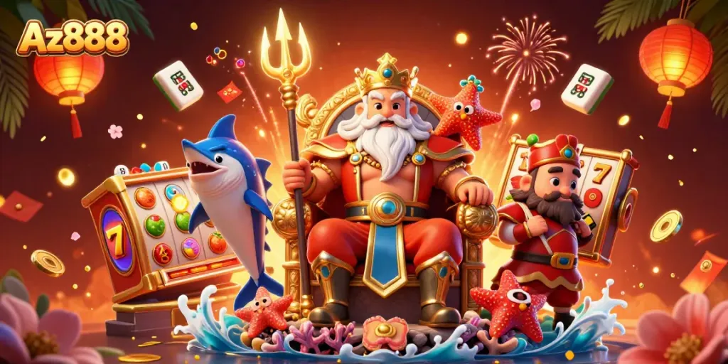Engage with Az888 as sea king Neptune presides over jackpots, surrounded by colorful slot elements.