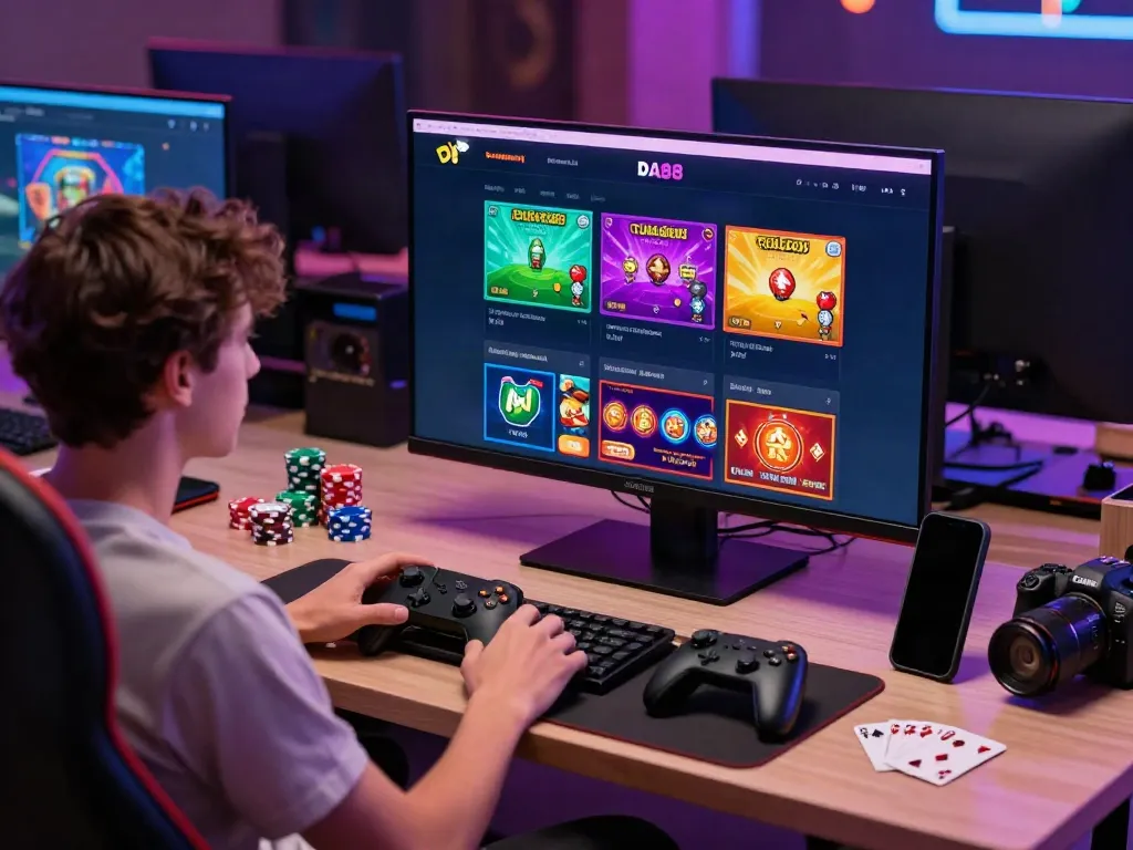 User engaging with DA88 online gaming platform on a vibrant desk setup.