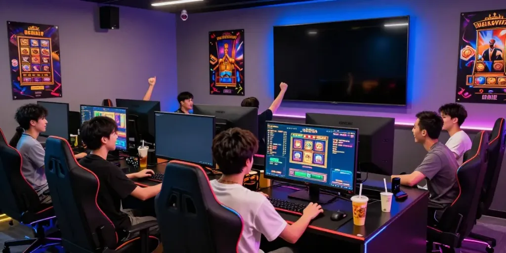 Dynamic slot gaming scene with players celebrating wins in a modern lounge.