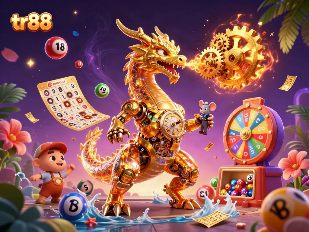Engage with tr88's vibrant gaming scene featuring a golden dragon and dynamic lottery elements.