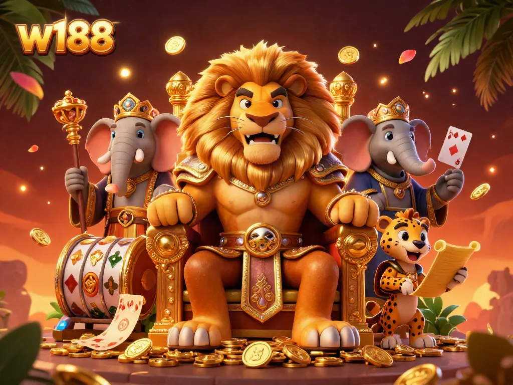 Experience thrilling gameplay with w188's 3D lion king, elephant advisor, and cheetah messenger amidst dazzling casino elements.