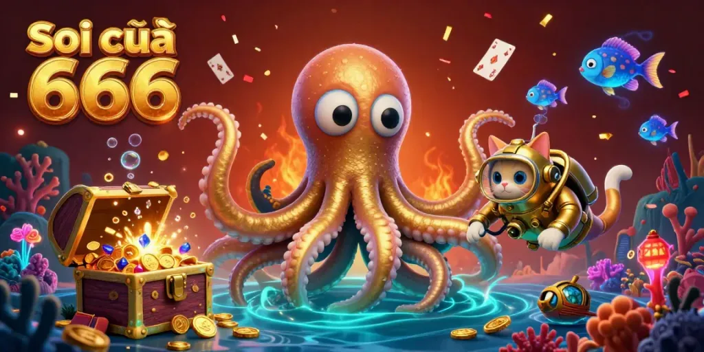 Soi cầu 666 showcases a vibrant casino scene with a kraken, diving cat, and bioluminescent fish surrounding bursting treasures.