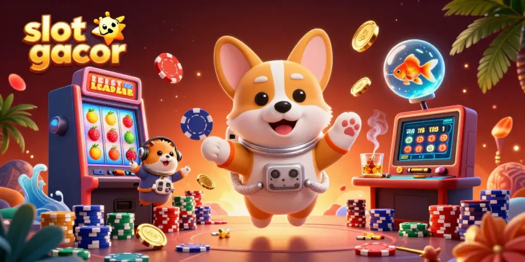 Slot gacor menunjukkan astronot corgi dan karakter lucu di kasino luar angkasa dengan elemen slot