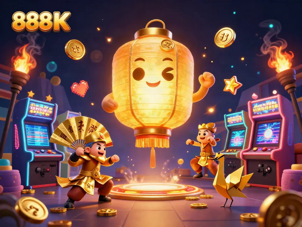 Experience thrilling gameplay at 888 K casino with dynamic golden characters and glowing game elements.