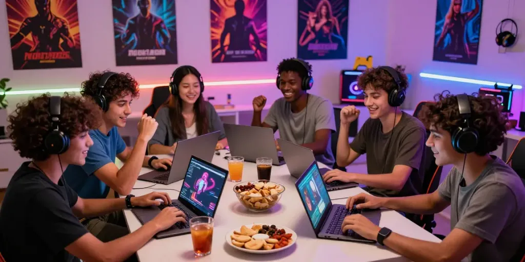 Friends enjoying gaming sessions on laptops with snacks and colorful decor in a lively atmosphere, tusuk88 theme.