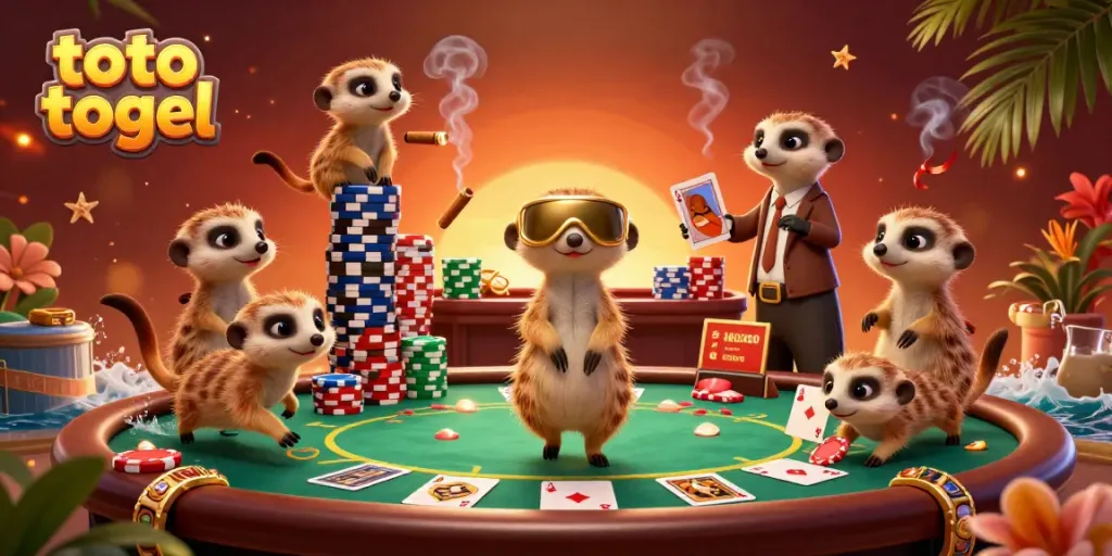 Mainkan toto togel dengan koloni meerkat yang menjalankan kasino dengan papan poker dan menara chip beragam warna.