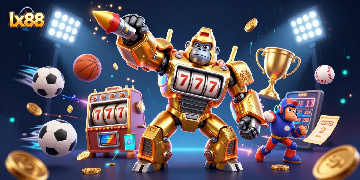 Experience thrilling action with lx88’s golden transformer mech surrounded by dynamic sports elements.