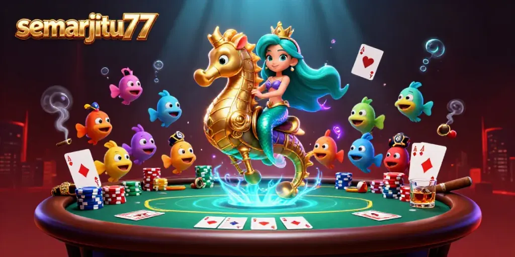 Semarjitu77 menampilkan putri duyung bertarung di meja poker dengan karakter laut di sekelilingnya.