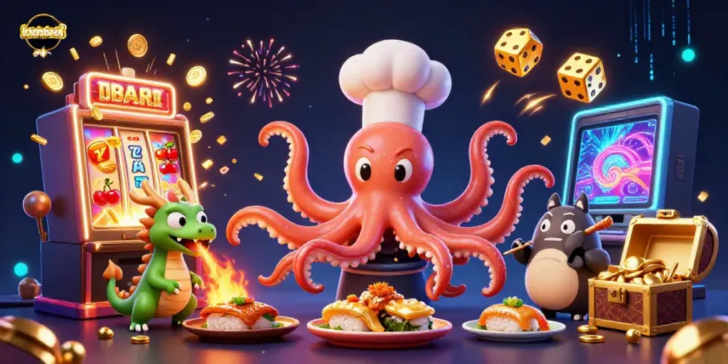 Experience keonhacai excitement with an octopus chef and dragon in a rich casino scene.