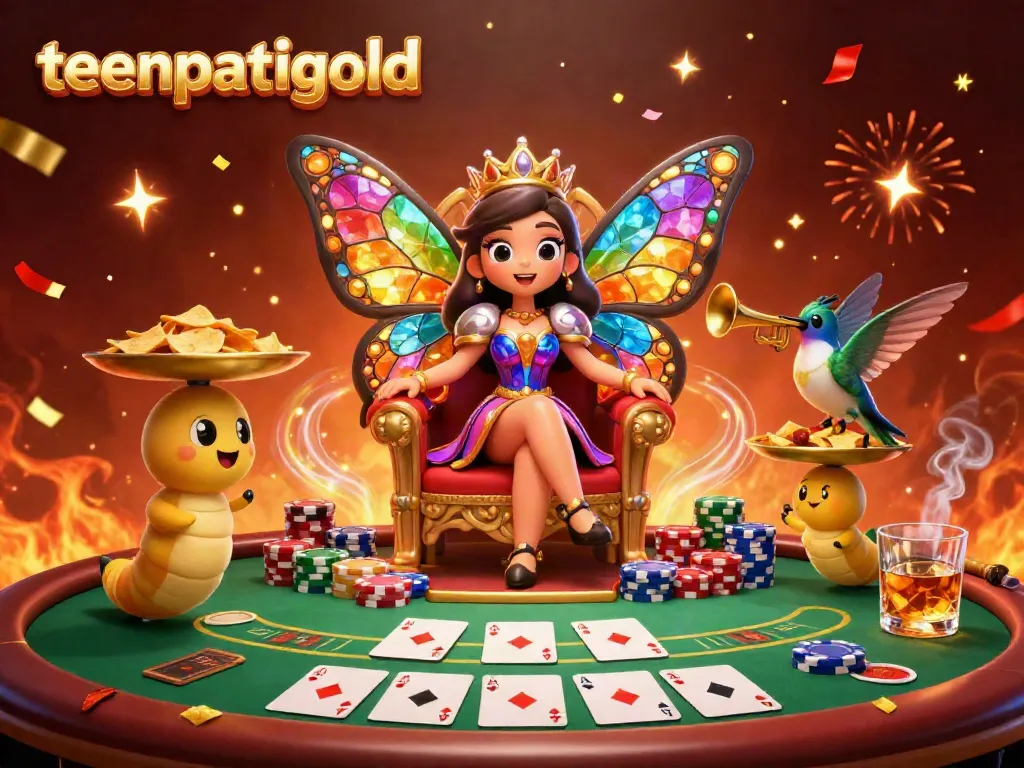 Play Teen Patti Gold, winning with vibrant card games and colorful poker chips in a fantasy setting.