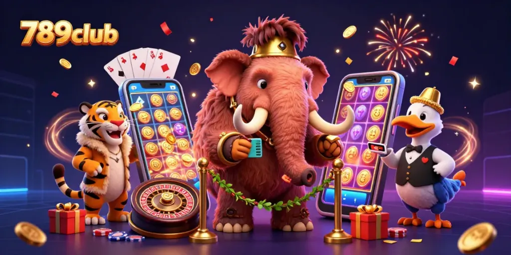 Engage with 789club as a woolly mammoth bouncer greets a saber-tooth VIP and dodo doorman amidst festive casino elements.