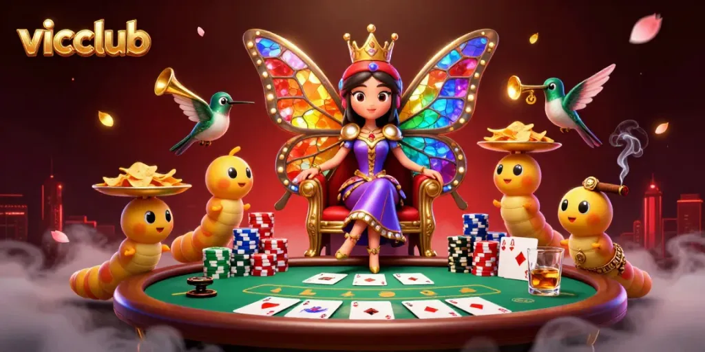 Experience a vibrant gaming scene at vicclub with a butterfly queen amidst poker elements.