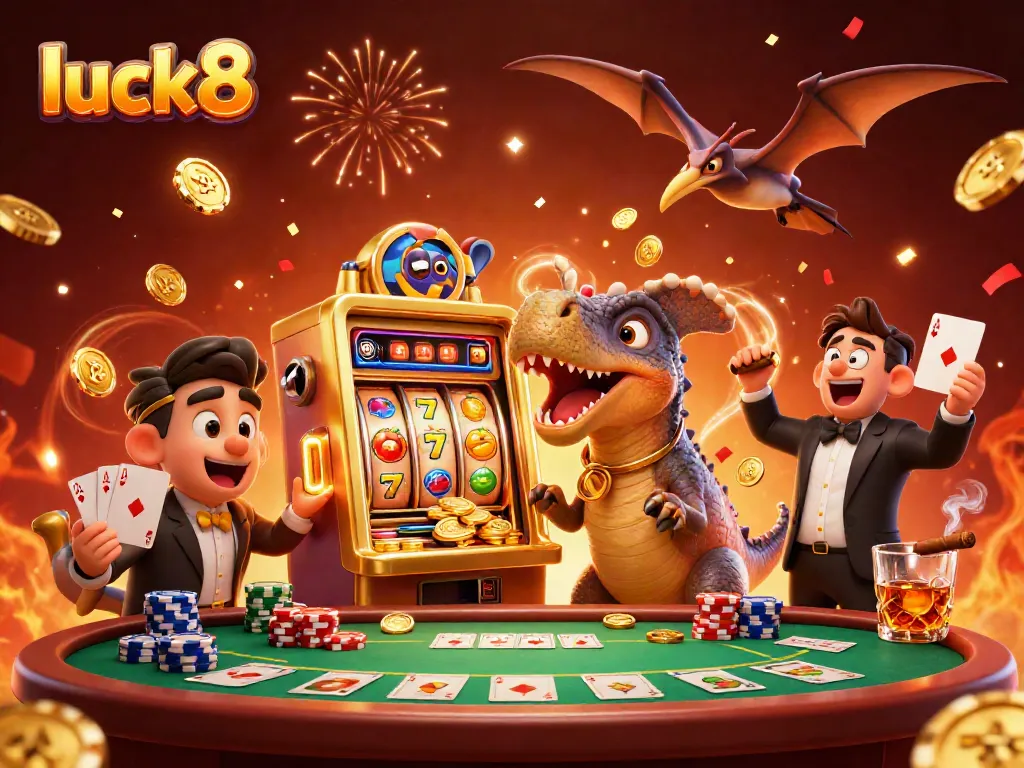 Luck8 showcases a vibrant casino scene with a dinosaur and a slot machine celebrating a jackpot win.