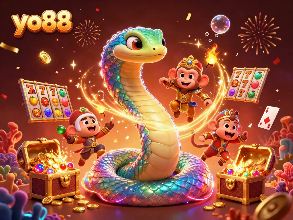 Engage with yo88 through this vibrant 3D scene filled with slots, treasures, and playful characters.