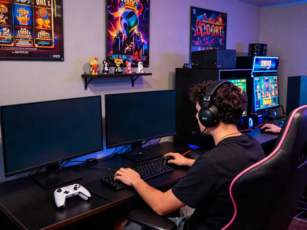 Engaged player enjoying slot88 game on a vibrant gaming setup.