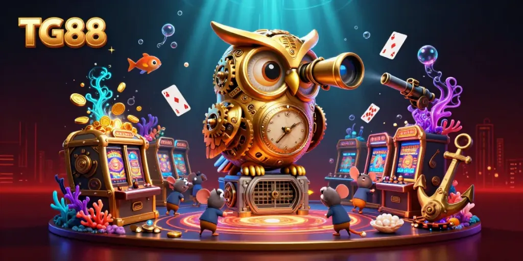 Experience excitement at TG88 with a clockwork owl surveying an intricate casino scene filled with games and treasures.