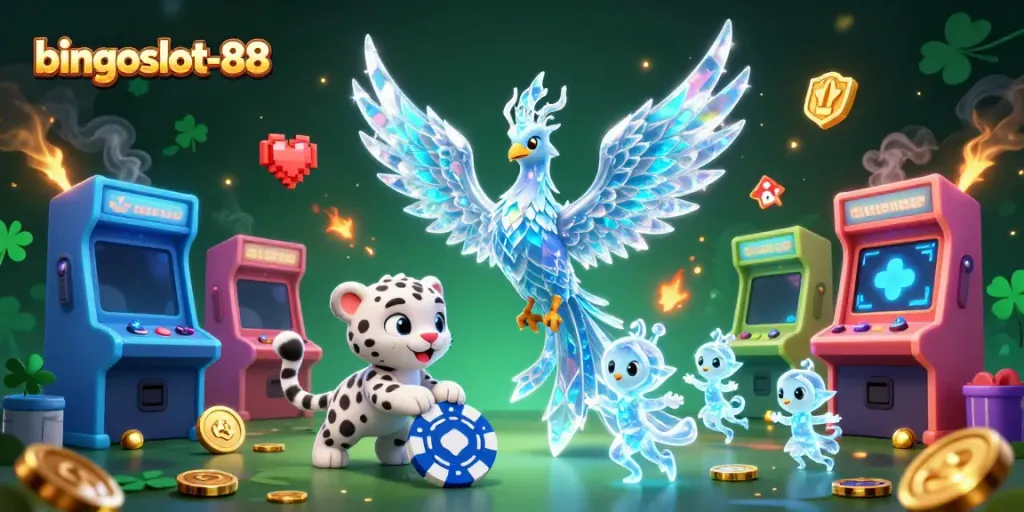 Rasakan keseruan bingoslot-88 dengan ilustrasi 3D kartun menampilkan phoenix es, cub bermain chip poker, dan sprite bersinar.