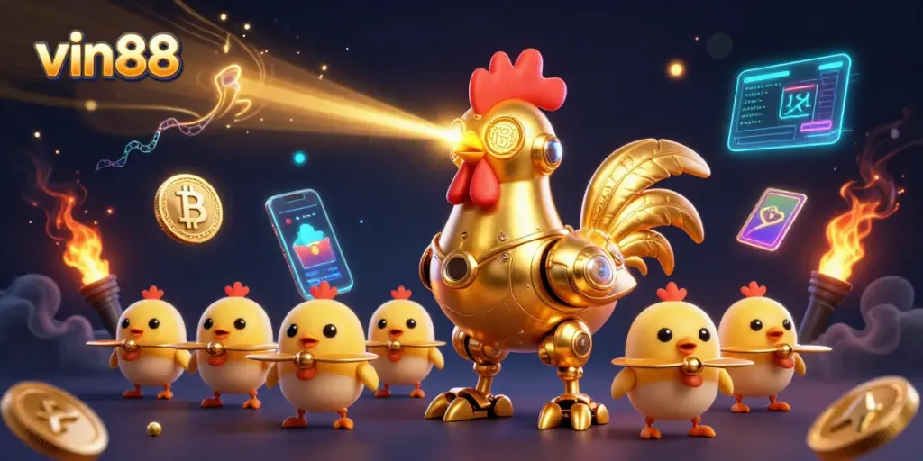 Engage with vin88 through a vibrant gaming experience highlighted by a futuristic golden rooster and crypto elements.