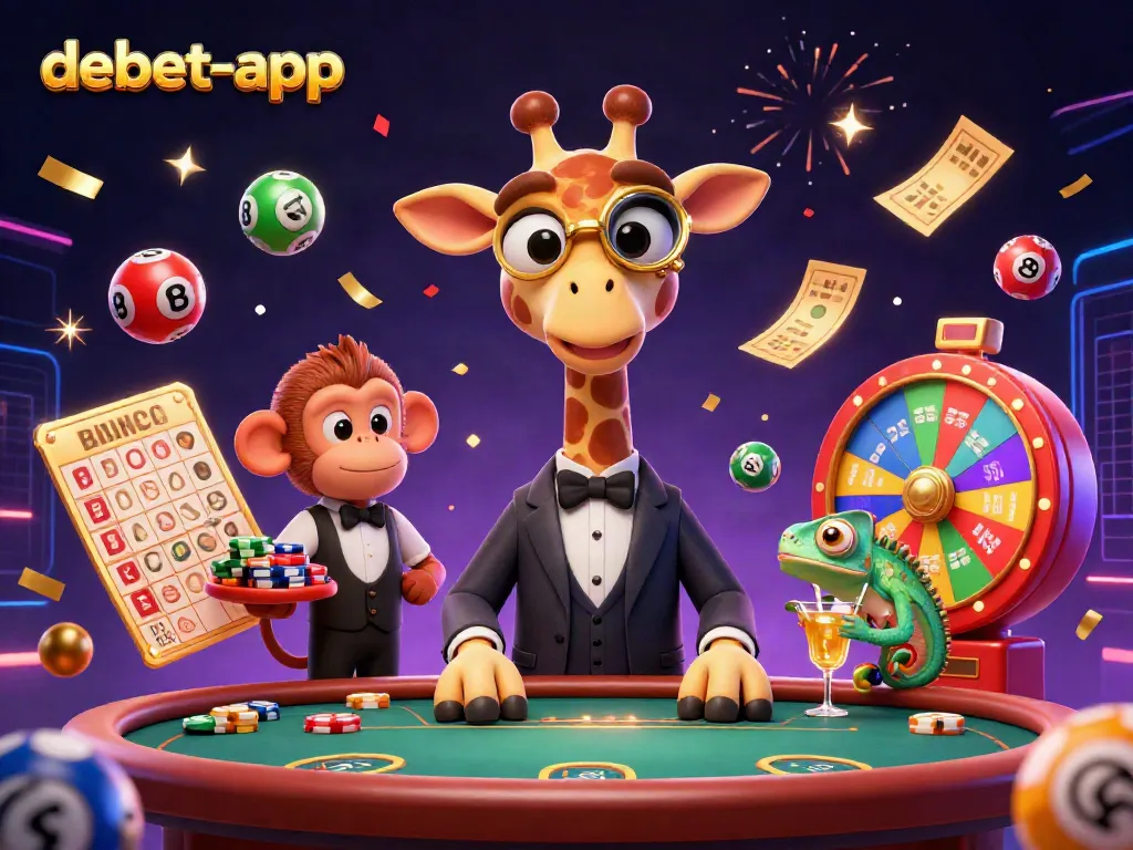 Experience casino excitement with debet-app in an animated scene featuring unique characters and vibrant game elements.