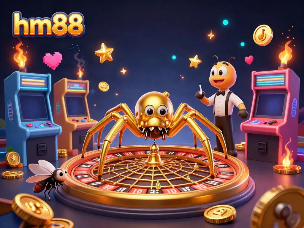 Place bets in the captivating world of HM88 with a golden spider spinning roulette wheels in a vibrant casino setting.