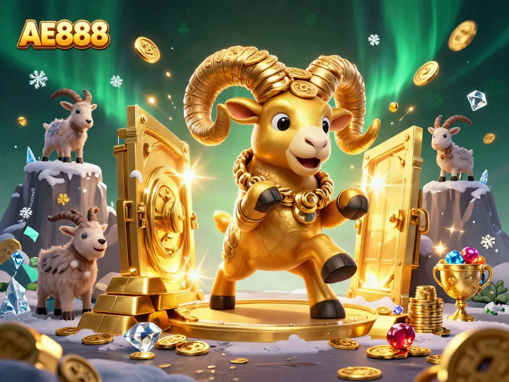 Experience the excitement of AE888 with golden treasures and a dynamic ram character charging through a casino scene.