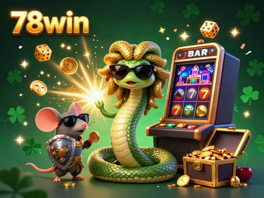 Experience thrilling jackpots with 78win featuring Medusa and dynamic casino elements in this vibrant illustration.