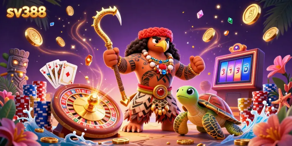 Sparkling scene of sv388 featuring a powerful demigod hawk, turtle sidekick, vibrant casino elements, and rich magical ambiance.