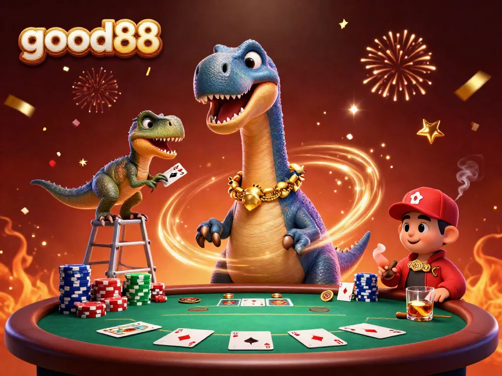 Experience the excitement of good88 as a giant brontosaurus overlooks a lively poker scene!
