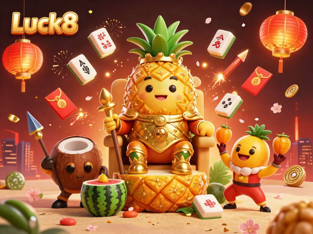 Experience the vibrant beach casino with the golden pineapple king at Luck8, surrounded by festive gaming elements.