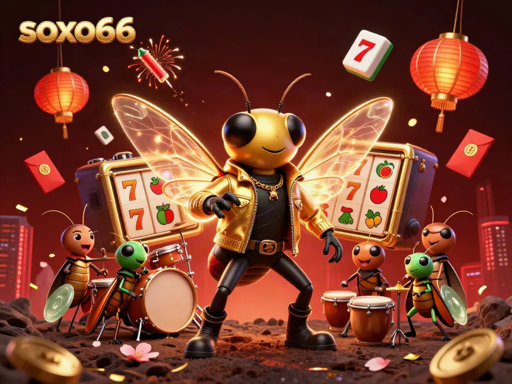 Soxo66 showcases vibrant casino energy with a rock star cicada, animated slot reels, and festive lights.