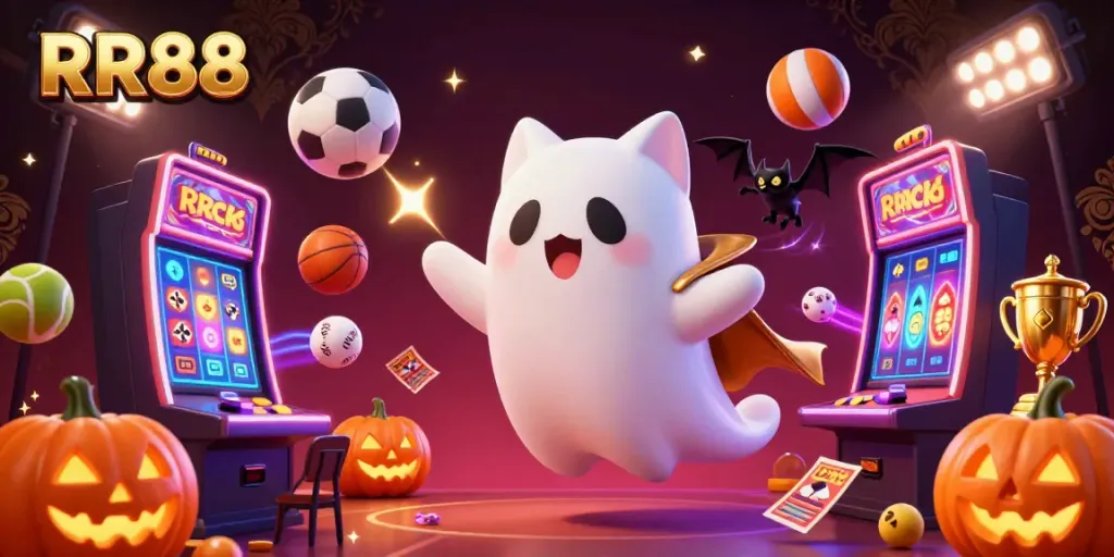 Engage with the energetic RR88 casino scene featuring a playful ghost cat and vibrant gaming elements.