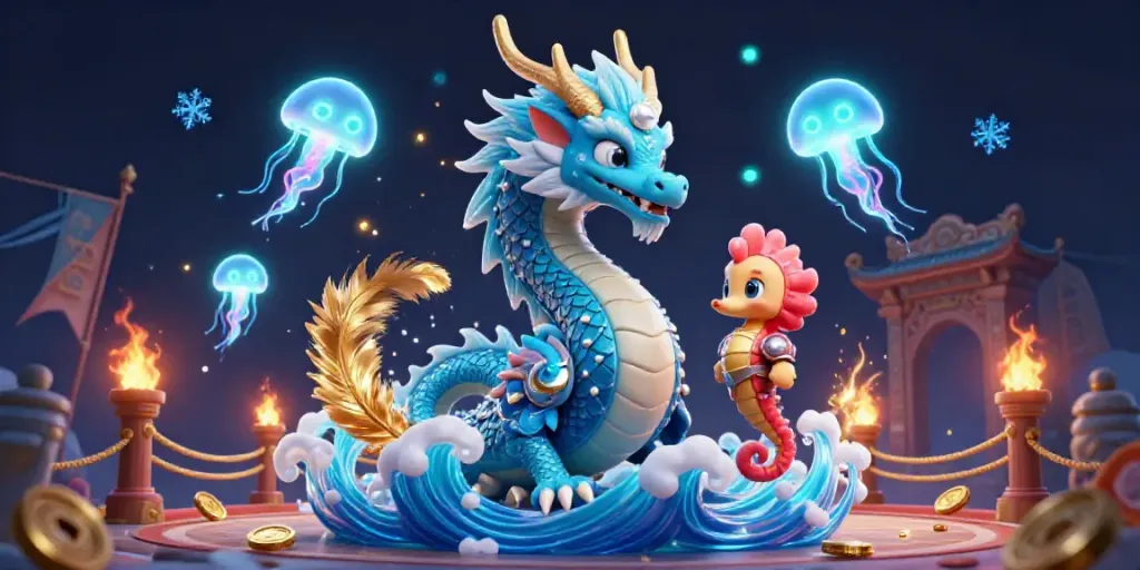 Engage in the excitement of Link Vào TG88 with a vibrant 3D illustration featuring a water dragon and seahorse knight.