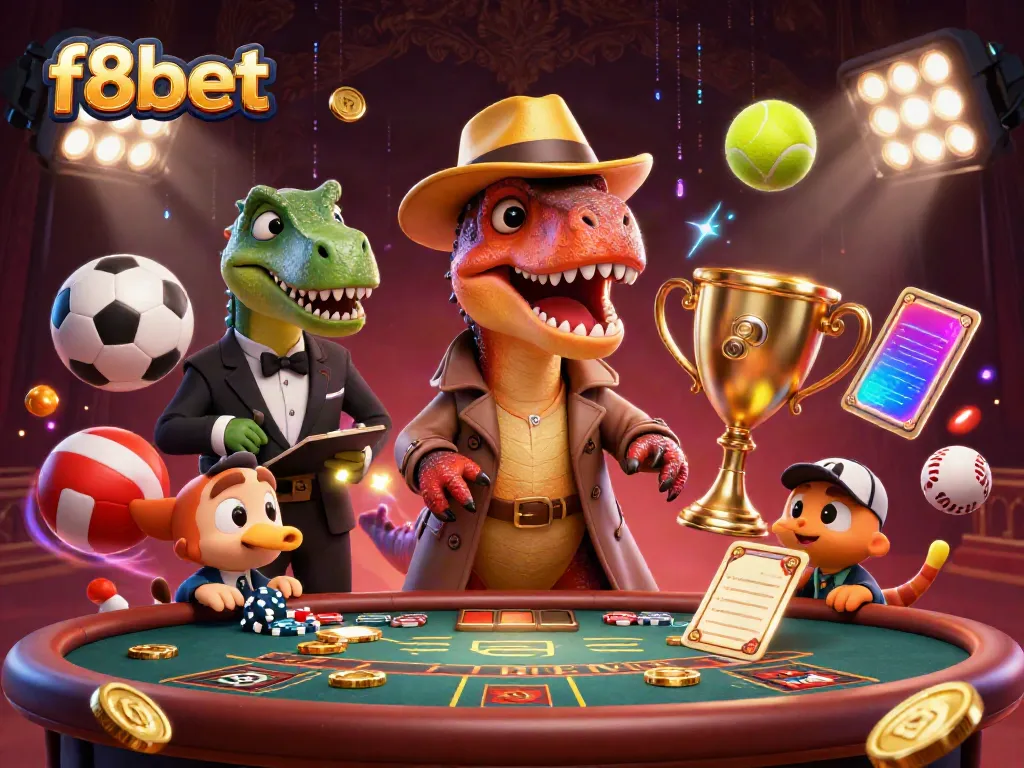 Bet and win at f8bet with cartoon characters at a dynamic casino scene, packed with action.