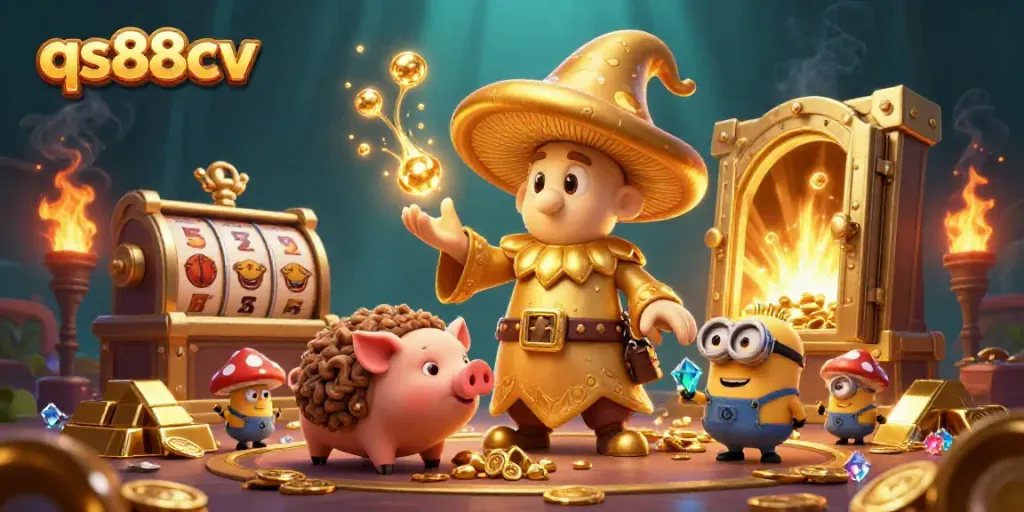 Experience the magic of qs88cv with golden treasures and cheerful characters in a dynamic casino scene.