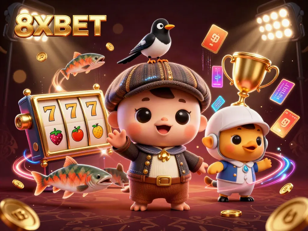 8XBET slots experience with card games and vibrant characters in 3D dynamic action.