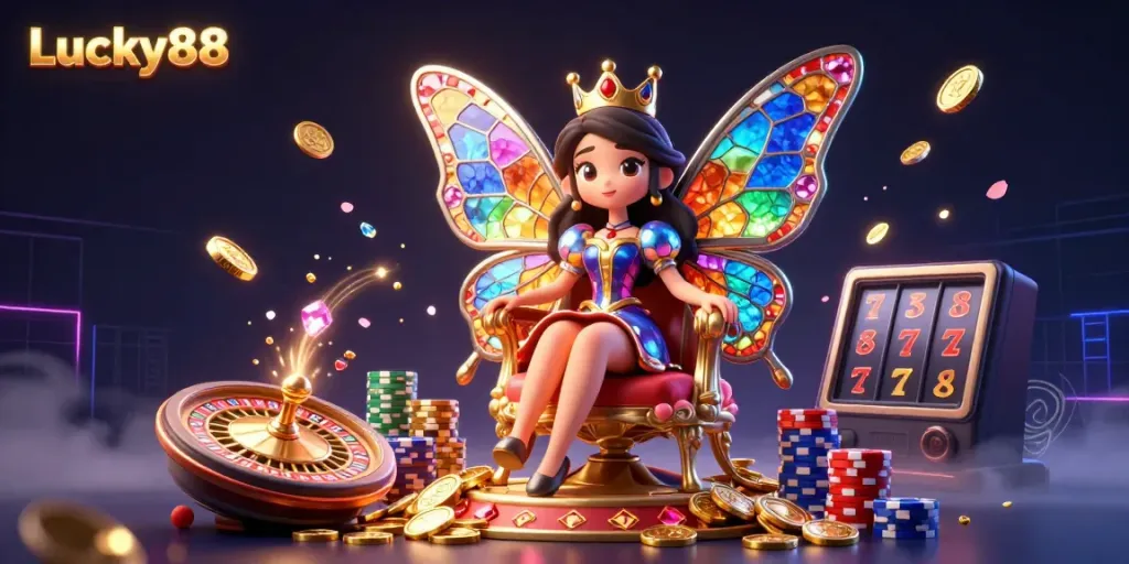 Engage in the vibrant world of Lucky88 with a butterfly queen and action-packed gaming elements.