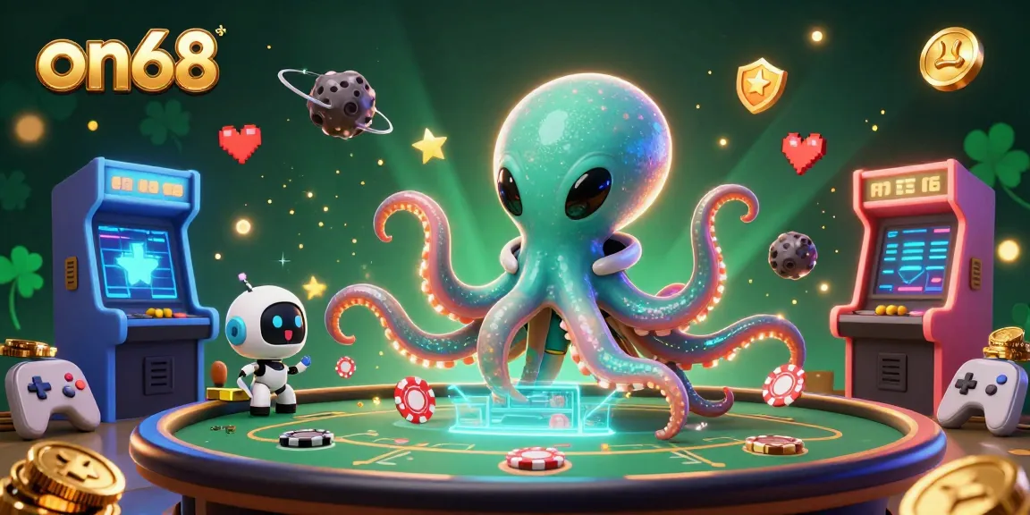 Watch on68's alien octopus finesse holographic poker play in an immersive casino-themed 3D scene.