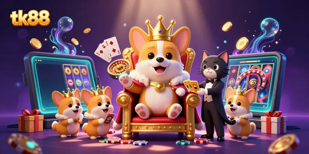 Engaging scene featuring tk88 with a royal corgi on a poker chip throne, vibrant casino elements