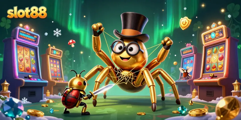 Gambar slot88 menampilkan tarantula emas dan kesatria beetle dalam suasana kasino yang penuh warna.