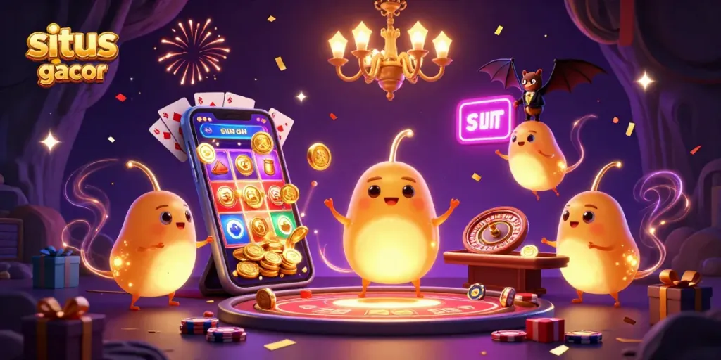 Situs slot gacor showcases vibrant slot games in a dazzling cave casino lit by glowworms.