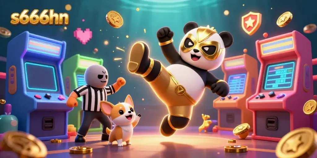 Watch the s666hn panda wrestler kick as tiny animal fans cheer with foam fingers in a vibrant casino scene.