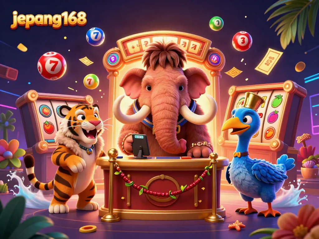 Engage with the electrifying ambiance of Jepang168's casino scene showcasing vibrant lottery elements and character interactions.