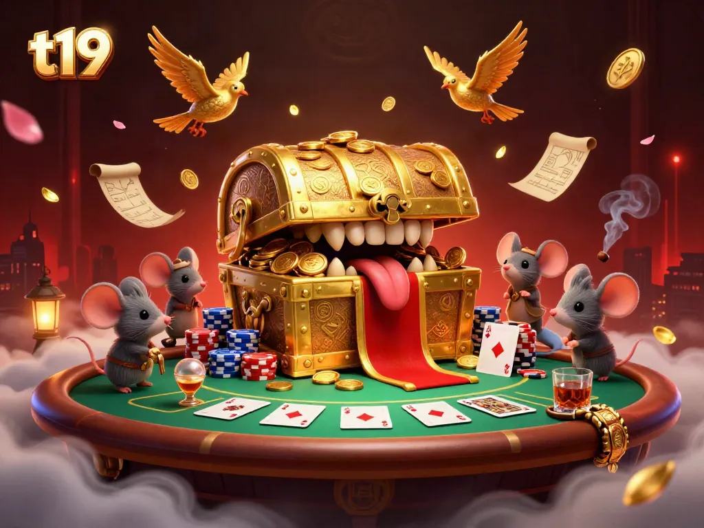 Engage in thrilling slots action with t19's vibrant treasure chest and dynamic poker scene.