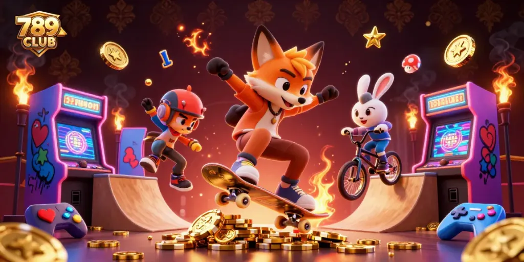 Experience the thrill of 789CLUB's playful gaming world, featuring a fox and rabbit in 3D casino illustration.