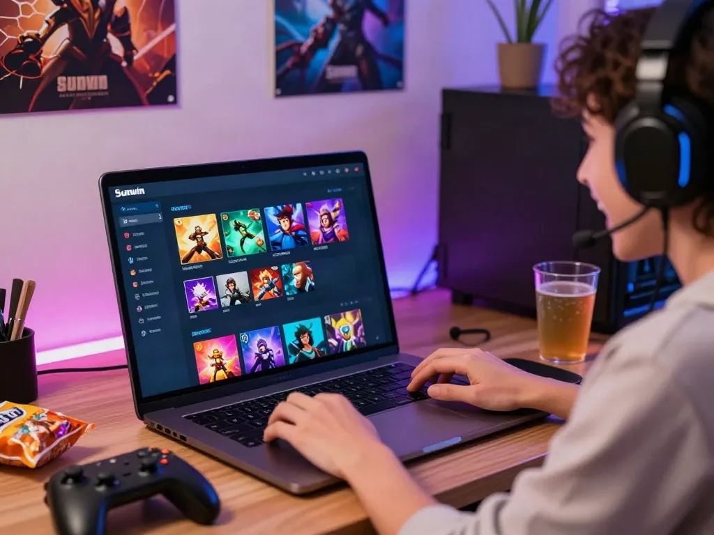 Engaging gaming scene of a user playing on Sunwin's platform at home, showcasing excitement and colorful UI.