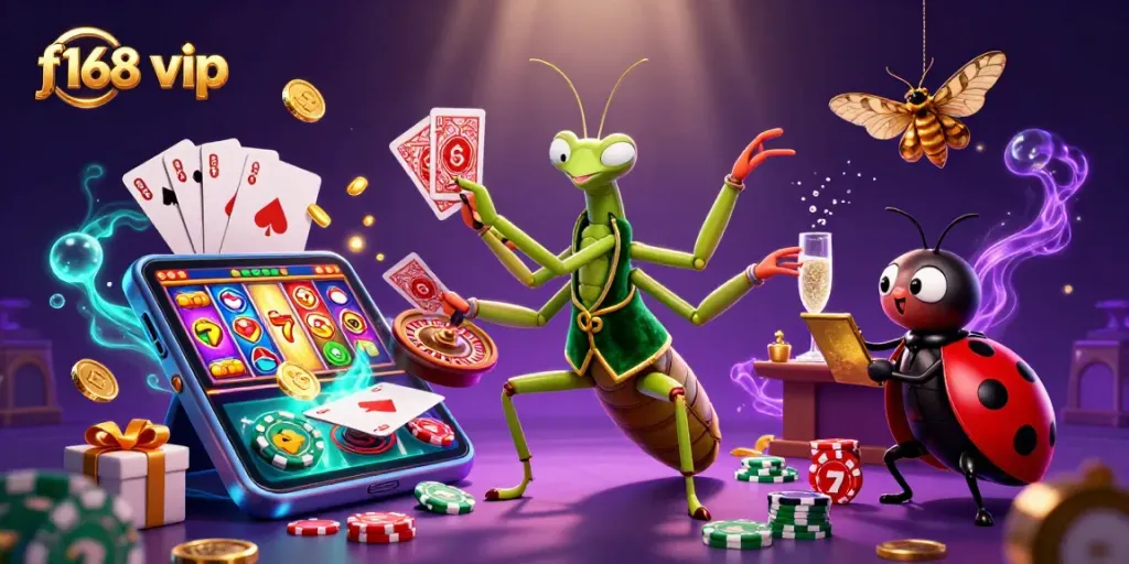 Engage with f168 vip’s vibrant casino scene featuring a unique animated praying mantis card sharp.