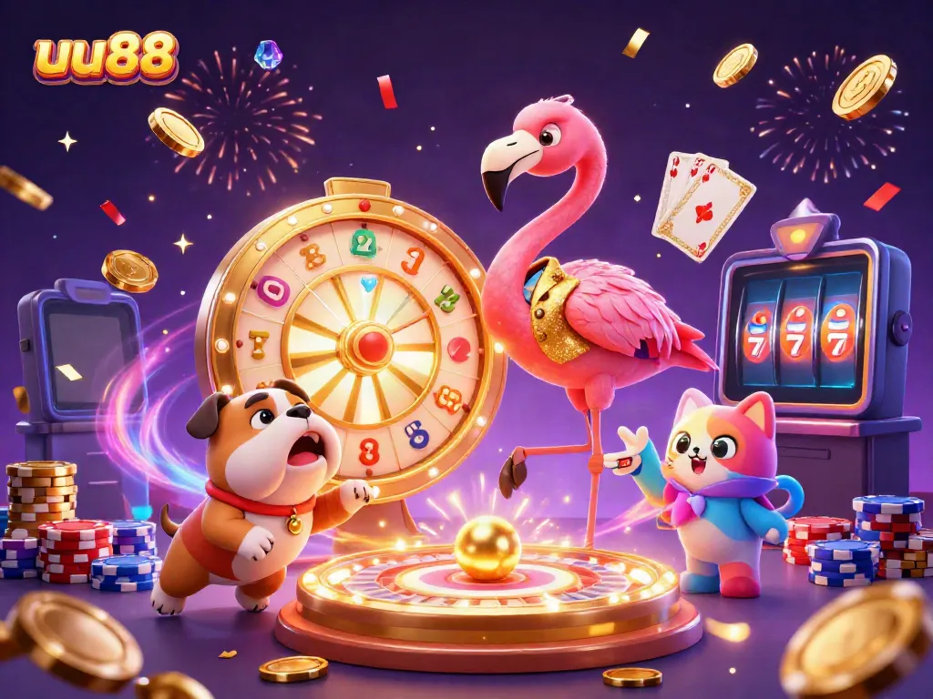 Spin to win big with uu88! A dynamic casino scene featuring a flamingo host and exciting gaming elements.
